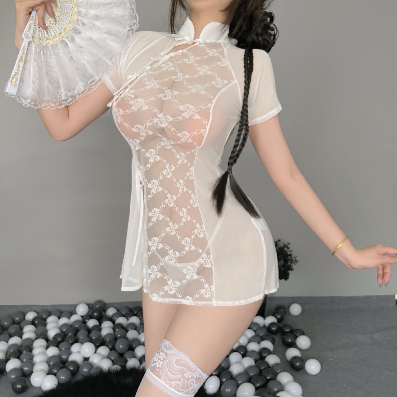 Lace Split Cheongsam Lingerie Set with Sheer Mesh and Stockings — detail image 3