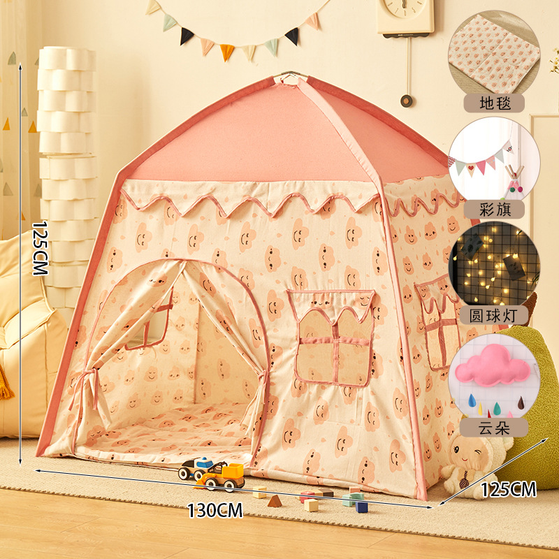 Nubes rosadas + alfombra + banderas de colores + luces de estrellas + nubes