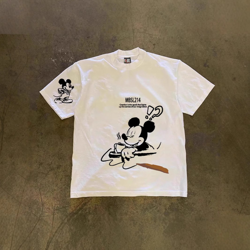 250g Heavy Cotton! American Oversize Mickey Mouse Print Couple Women's Loose Short-Sleeved T-Shirt Men's Trendy