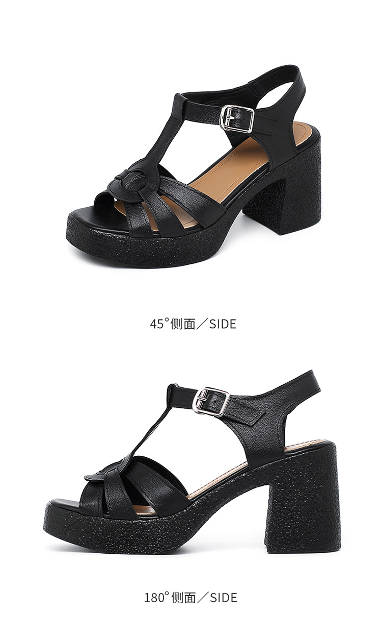 Sandal cao gót nữ quai ngang da thật phong cách La Mã đế dày gót thô — Màu đen chi tiết 40
