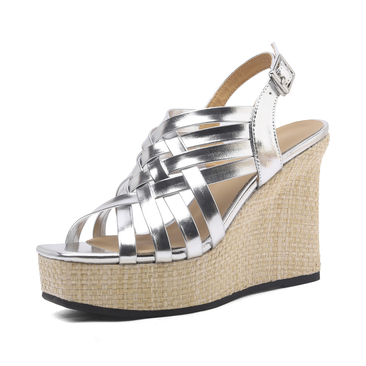 Sandal cao gót nữ đế xuồng dệt chéo quai ngang, gót 11 cm — màu vàng