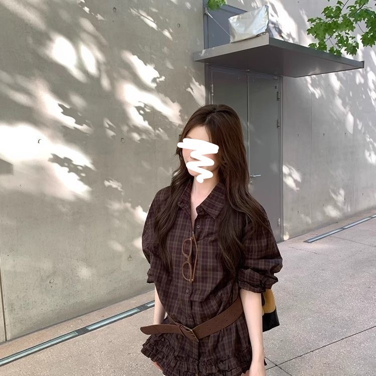 2025秋季新款韩系设计感高级感百搭纽扣木耳边格纹长袖衬衫上衣女|undefined
