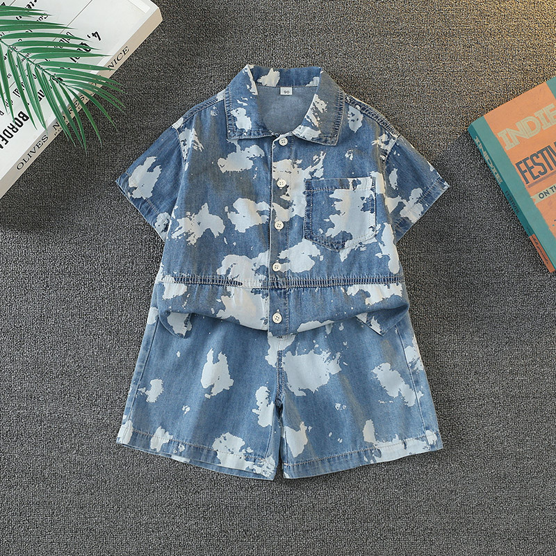 7393 Traje de verano para niños 2025 Nueva ropa de mezclilla de estilo chino de manga corta Traje de dos piezas de verano para niños de moda