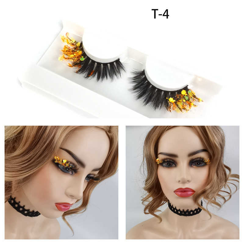 Color ojo de gato 3D pestañas postizas maquillaje de escenario natural cola de ojo brillo lentejuelas fluorescentes gruesas pestañas europeas y americanas exageradas