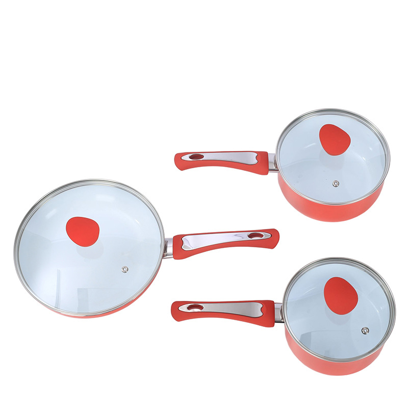 Juego de utensilios de cocina transfronterizo de aluminio sartén antiadherente conjunto de seis piezas con olla de sopa olla de leche de suplemento alimenticio olla de fondo plano sartén