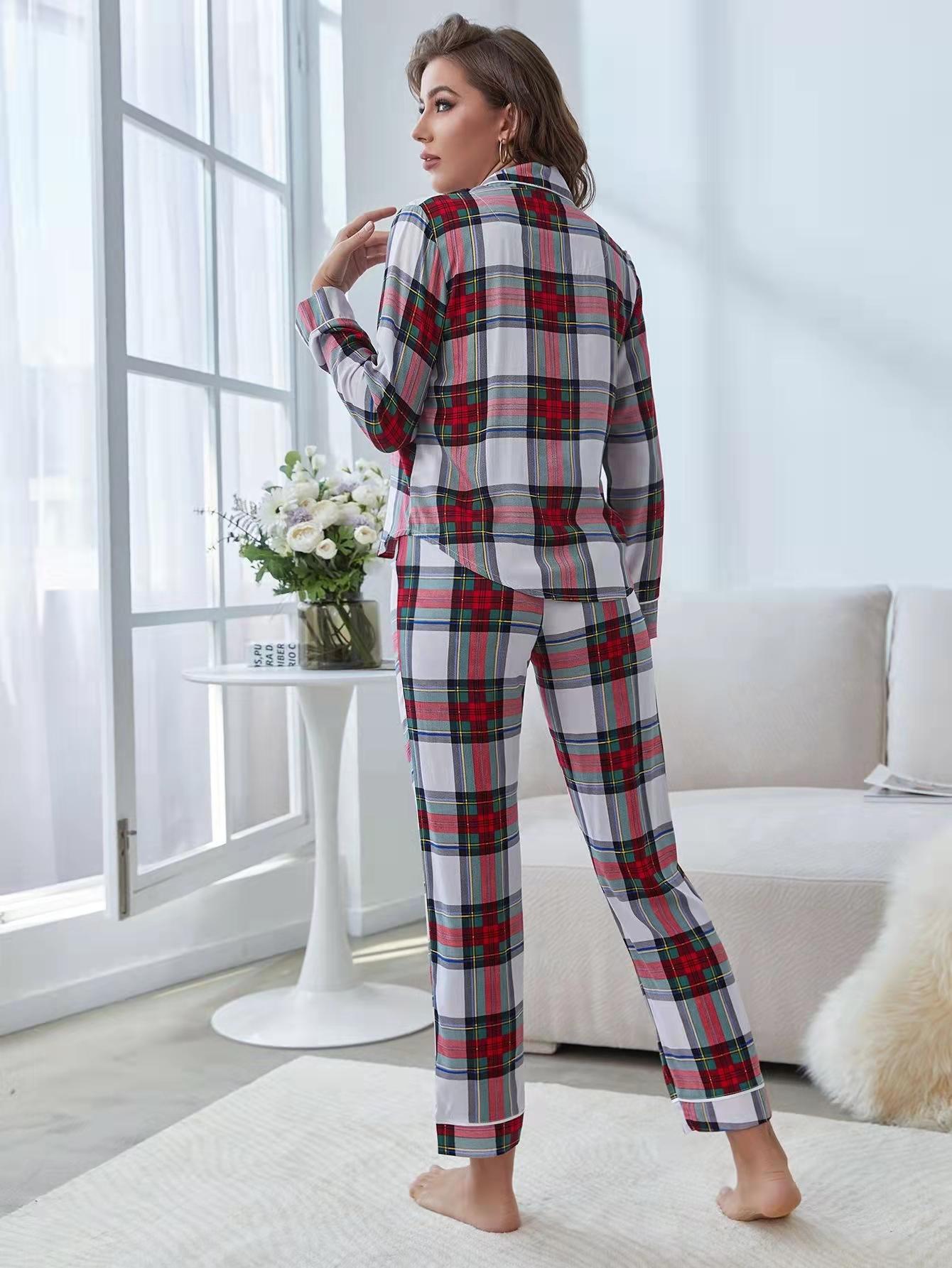 loose long sleeve lapel plaid two-piece set Loungewear-Can be worn outside NSWFC130312