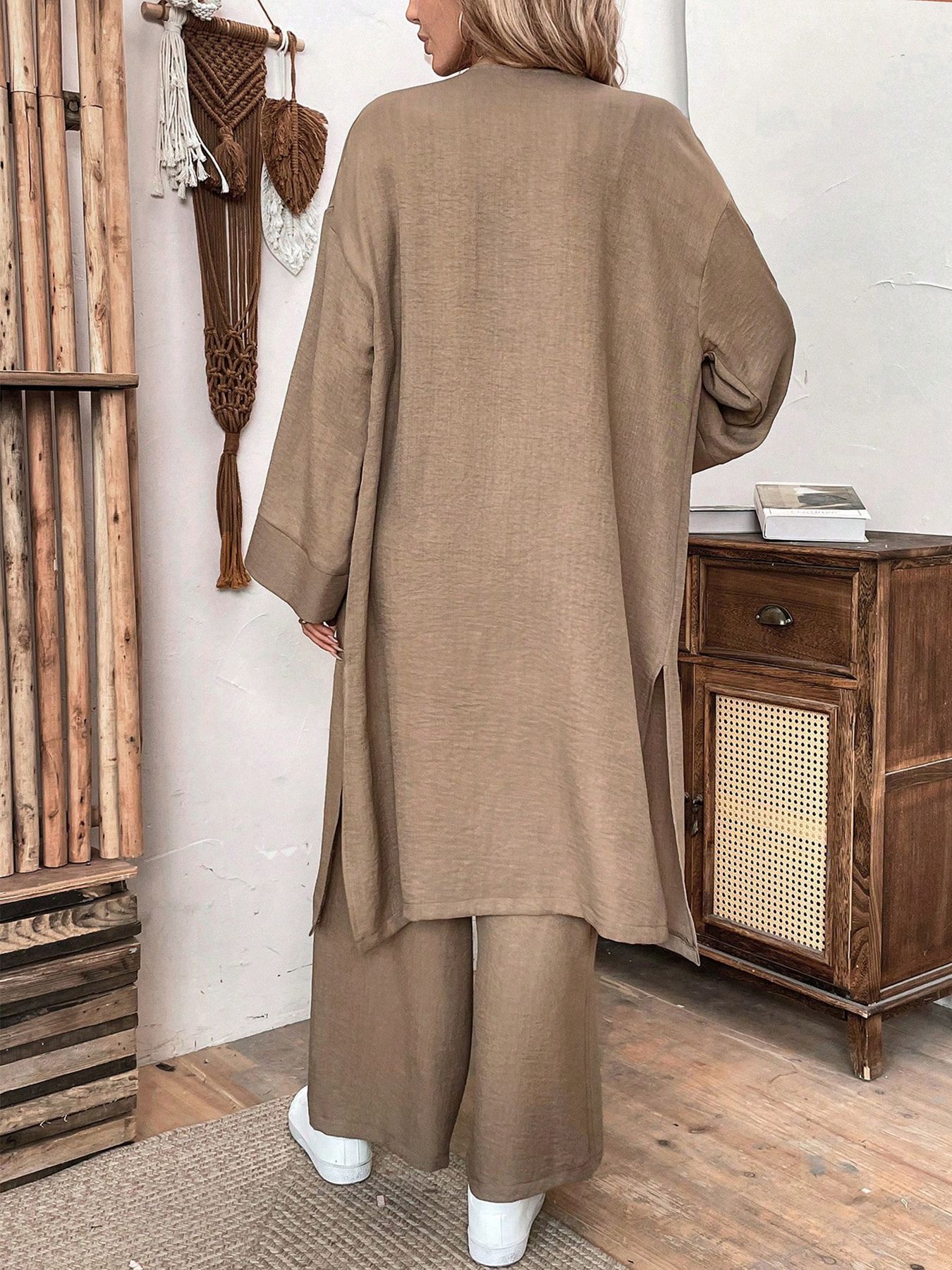 Women's Clothing new loose long cardigan top wide leg pants two piece suit_voghion.com