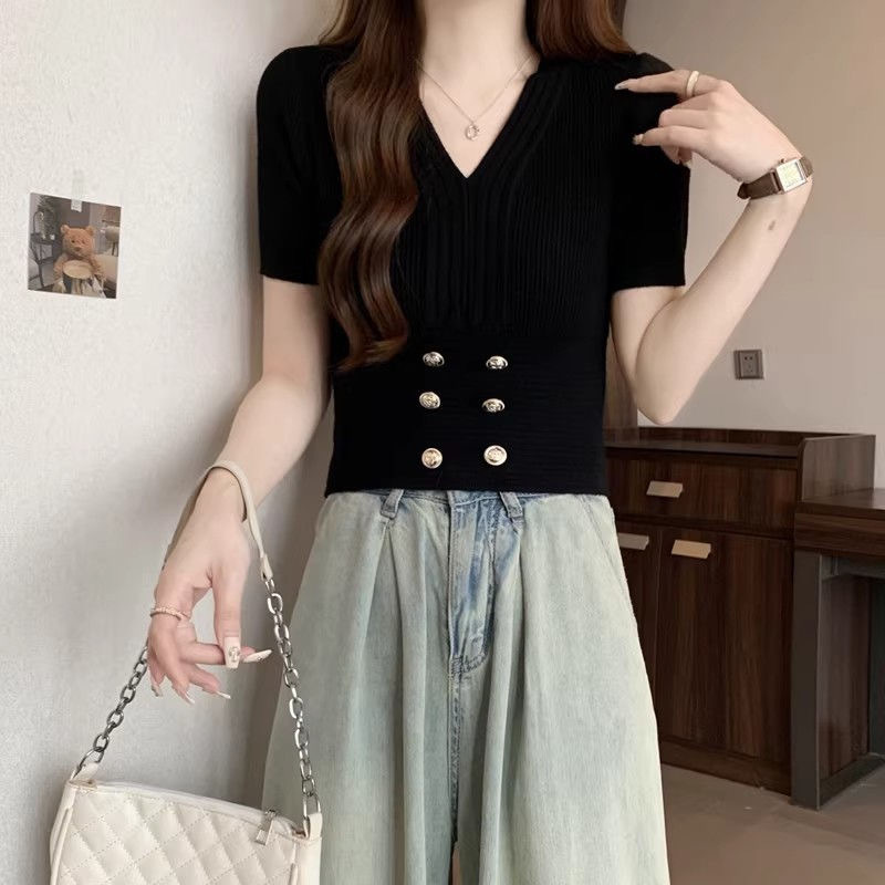 V-Ausschnitt, hohe Taille, kurzärmeliger Damen-Sommer, neuer französischer Stil, kleiner, duftender Wind, Eisseide, gestrickter Pullover_voghion.com