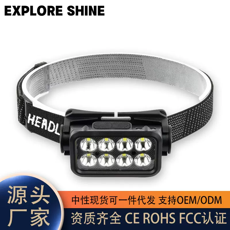 跨境8LED头灯多功能便捷式强光户外夜跑钓鱼头戴式强光工作灯