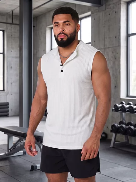 Men's fitness henley collar sleeveless tank top, broad shoulders, muscle-enhancing, summer vertical stripe breathable sports top for men