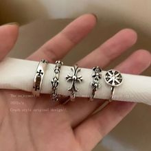 暗黑复古做旧小众个性镂空五角星古银色戒指女ins开口可调节指环