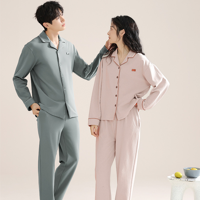 항균 통기성 순면 커플 잠옷 봄과 가을 긴 소매 바지 가디건 옷깃 플러스 사이즈 세트 남성 및 여성 홈 옷