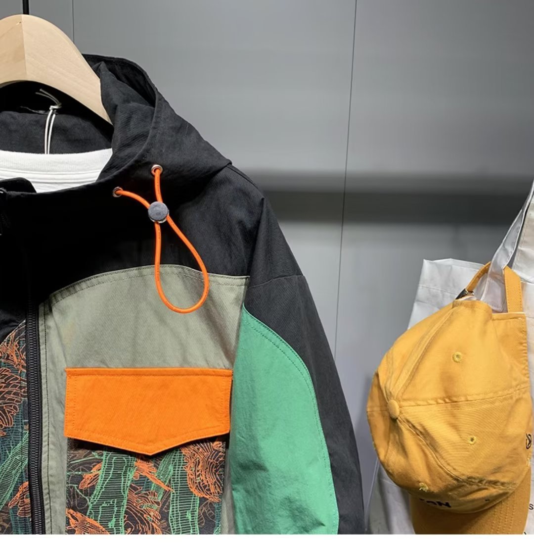 Primavera y otoño americano High Street marca de moda casual suelta chaqueta con capucha Ruan guapo superior ins moda costura chaqueta para hombres