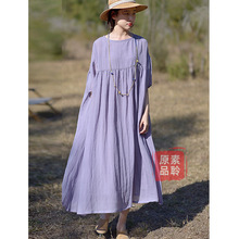 文艺棉麻褶皱双层袍子休闲圆领七分袖宽松大摆度假风连衣裙S1183
