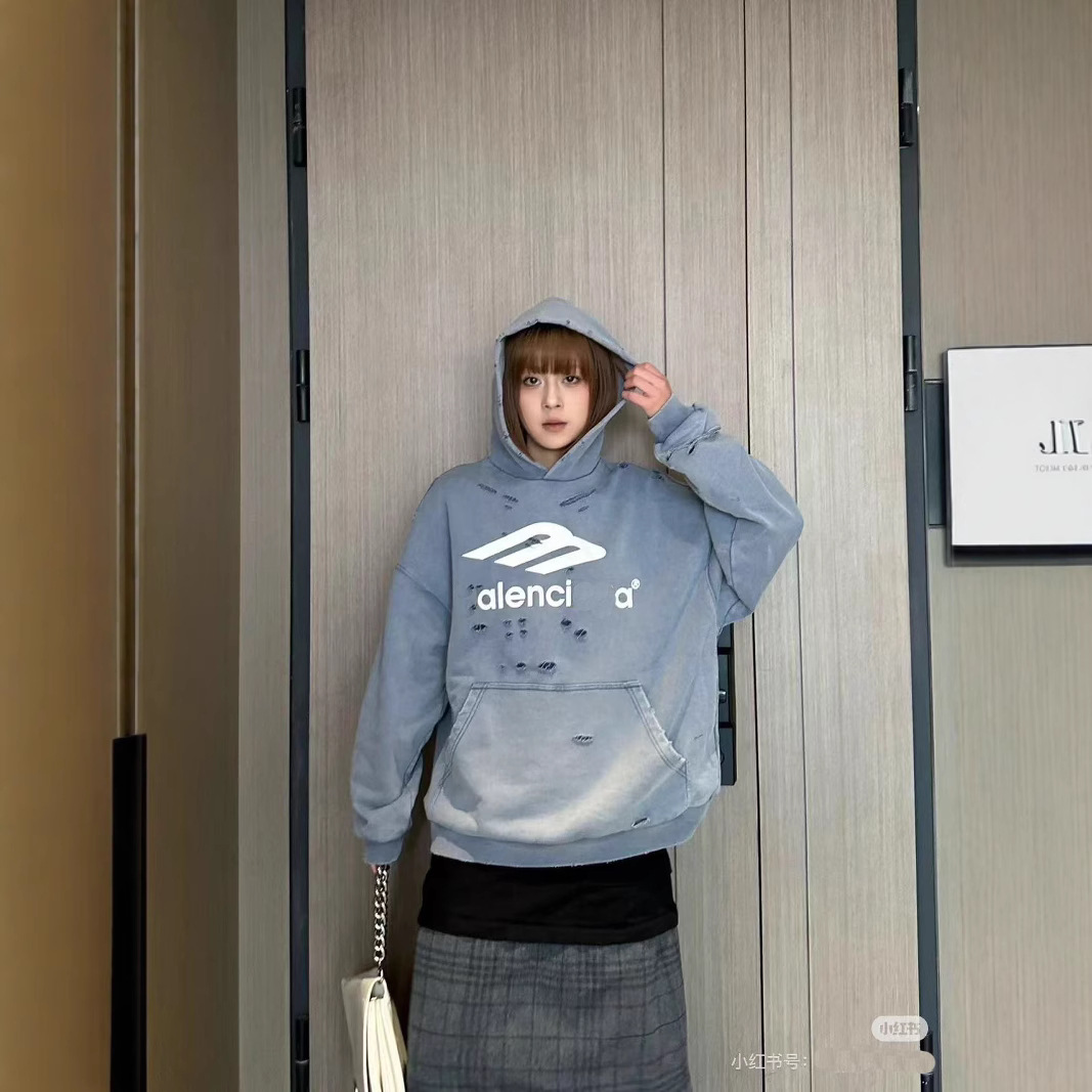 25ss Paris B Family 3M Logo Chest Print Heavy Wash Hoodie Sweatshirt