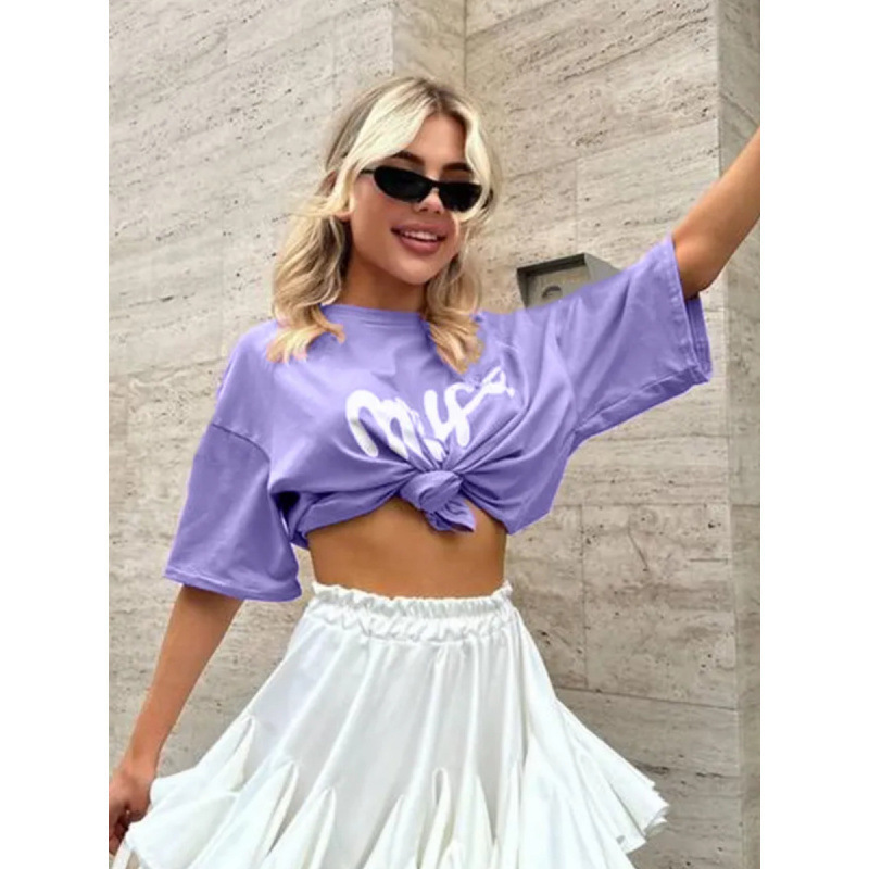 Dopamine Retro Trendy Loose All-match Western Style American Print 100 Pure Cotton Elegant European and American Short-sleeved T-shirt Trendy Dopamine Retro Trendy Loose All-match Western Style American Print 100 Pure Cotton Elegant European and American Short-sleeved T-shirt Trendy