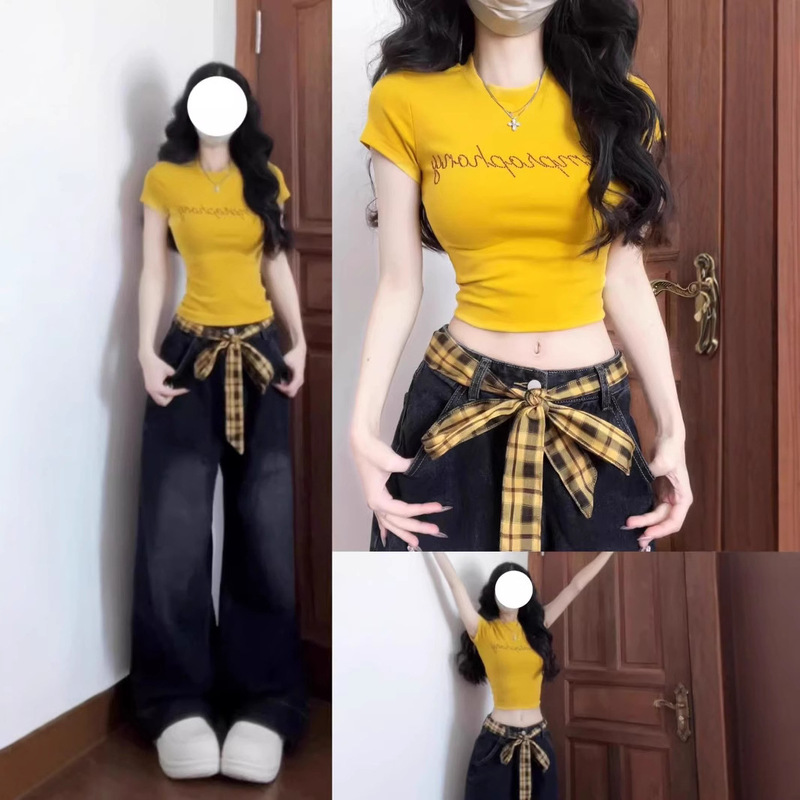 Yellow Letter Rhinestone Right Shoulder Short-Sleeved T-Shirt for Women Summer Slimming Look American Sexy Short Design Top Yellow Letter Rhinestone Right Shoulder Short-Sleeved T-Shirt for Women Summer Slimming Look American Sexy Short Design Top