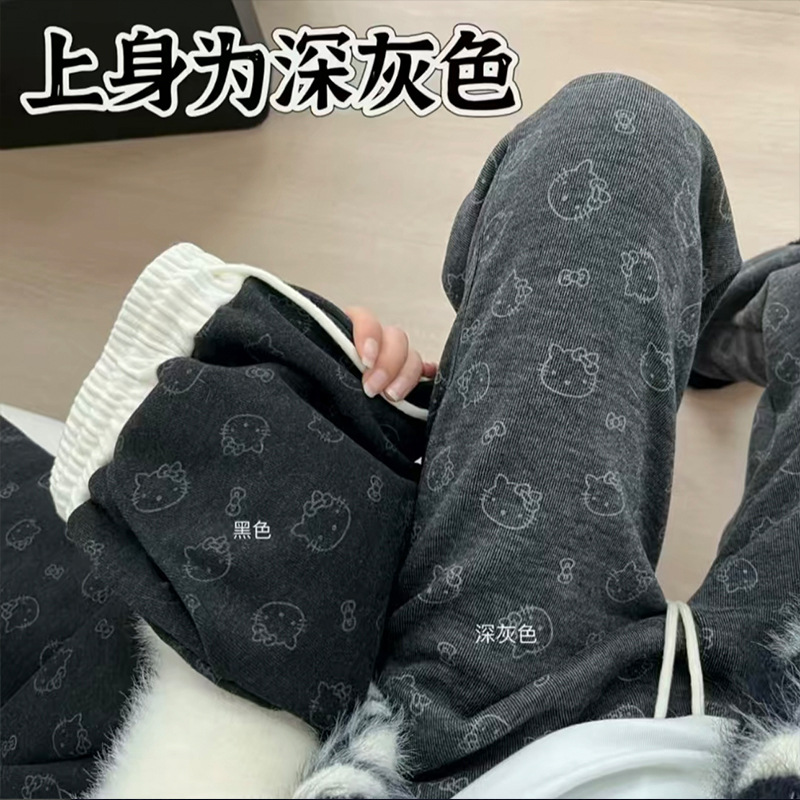有口袋撞色腰kitty猫糯米裤阔腿裤子女秋冬季加绒加厚休闲直筒裤