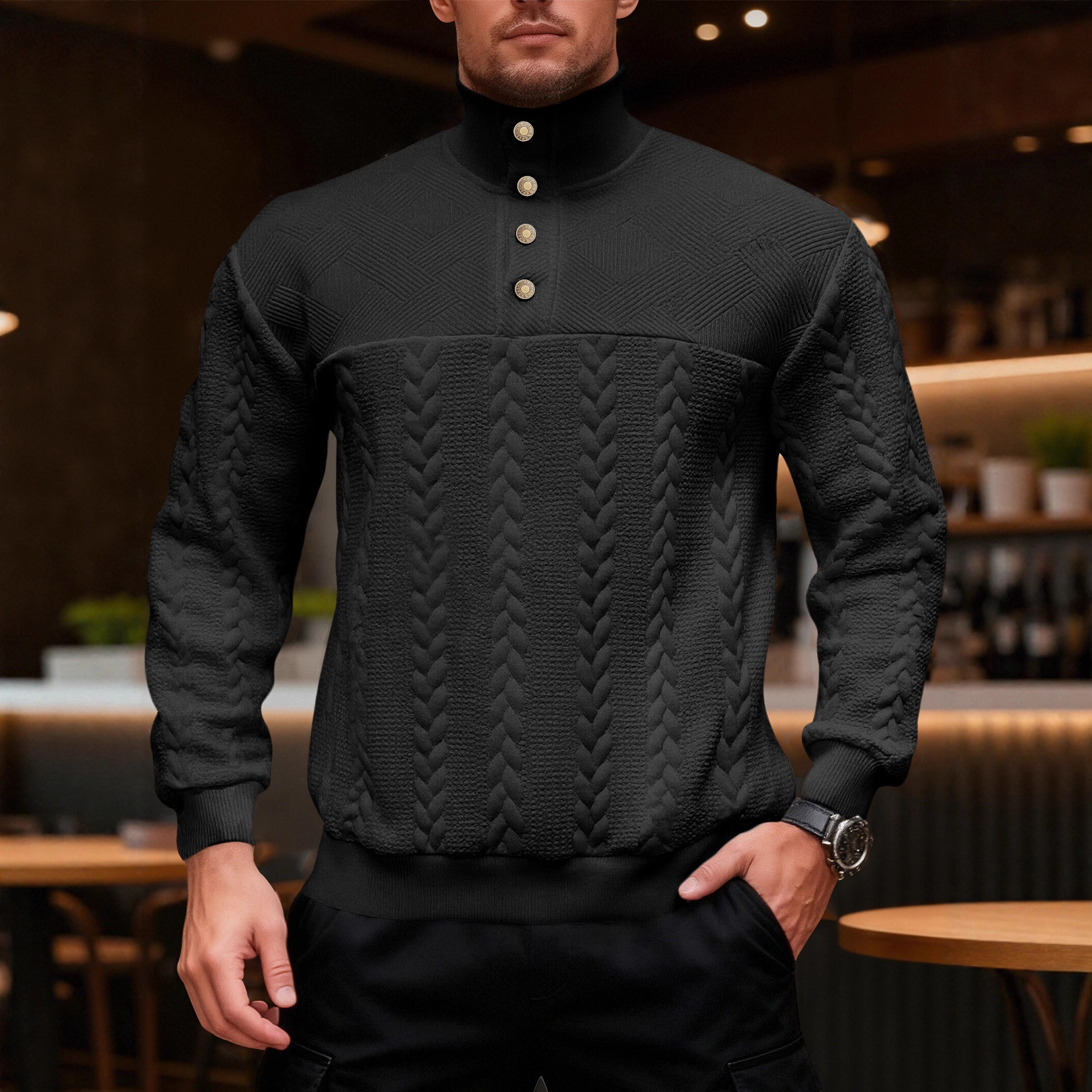 Nuevo cross-border retro americano cuello de cremallera casual hookah holgado tejido pesado empalme otoño invierno camisa de manga larga