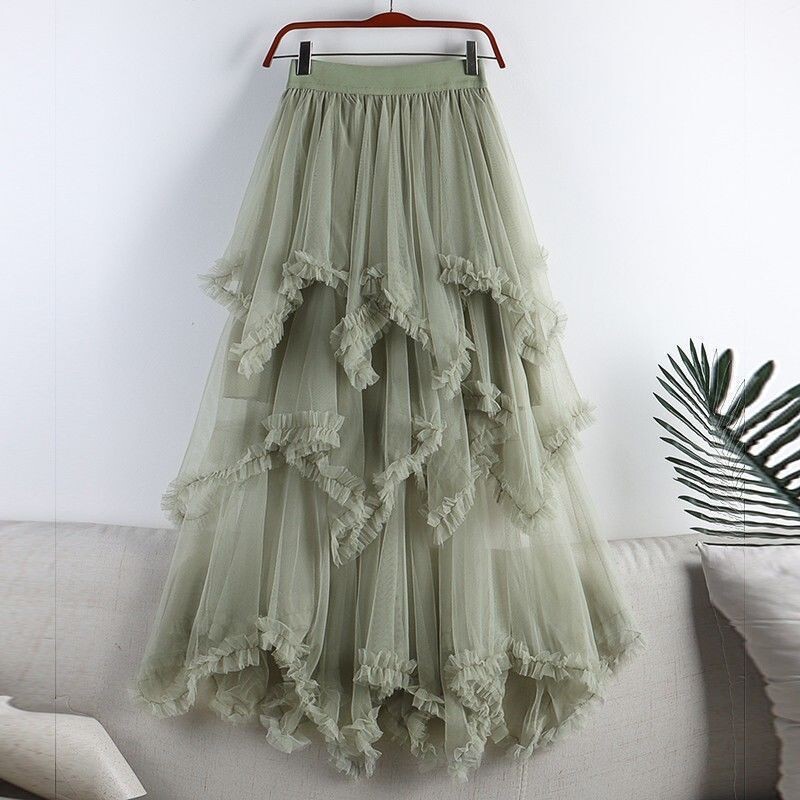 Irregular Ruffled Mesh Cake Skirt, Mid-Length High-Waisted Large Flare Fairy Tulle Skirt, Long Skirt 1279