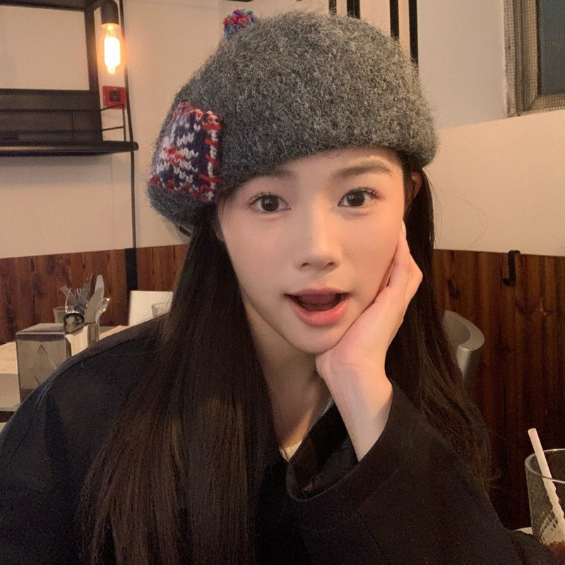 新款羊绒贝雷帽子女款复古小众补丁保暖毛线帽秋冬季画家帽批发|undefined