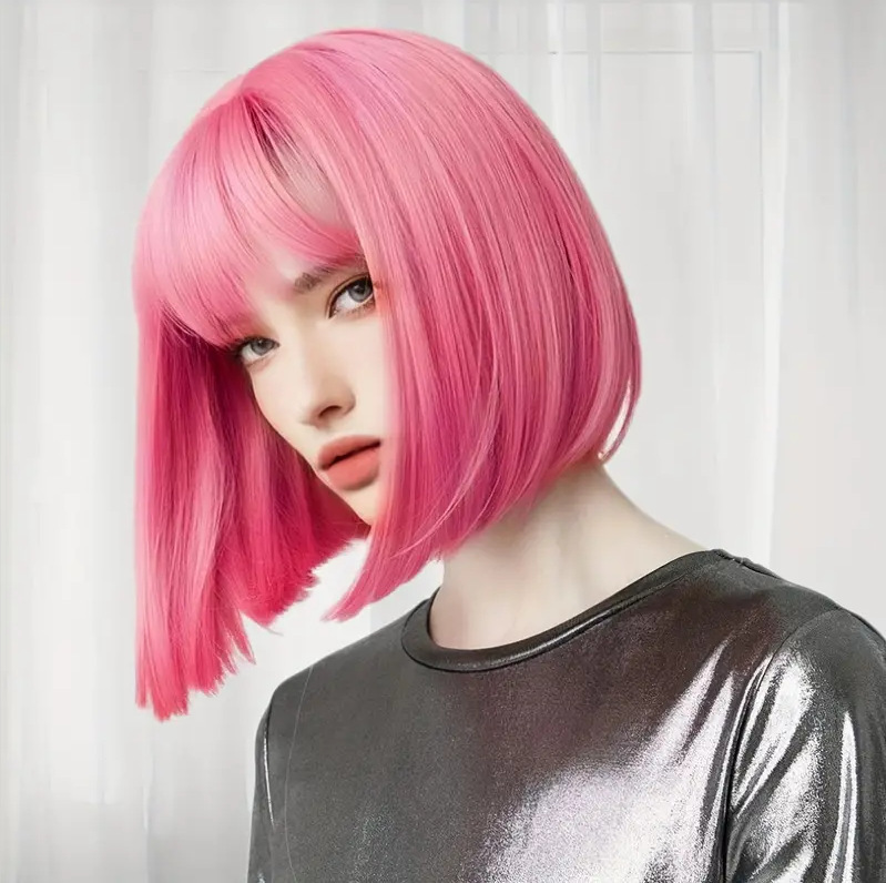 Cross-Border Hot Selling Women's Cute Bob Wig Fashionable Natural Realistic Bob Rose Mesh Chemical Fiber Full Headgear