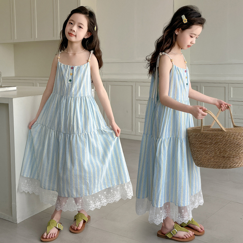 Girls Suspender Dress Summer Dress 2025 New Kidsren's Stripesd Skirt Summer Little Girl Seaside Vacation Long Dress