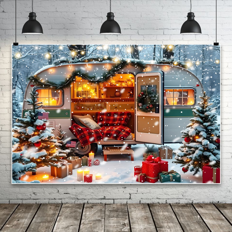 Christmas Winter Snow Scene Wooden House Background Cloth Party Banquet Decoration Banner Photography Photo Cloth
