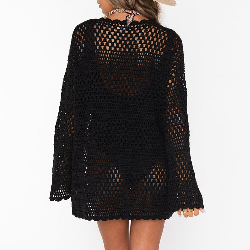 287g Weight Sunscreen Shirt Outerwear Type Long Sleeve Sleeve Length Pullovers Placket Type Cotton Blend, Polyester, knit Fabric Type Regular Top Length Round Neck Neckline Trumpet, Solid Color Pattern Spring&Summer Season Women's Gender Beach, Roman Style Style Women's Trumpet Solid Color Beach Roman Style Cover Ups 14