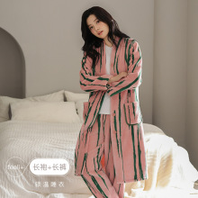 睡衣女秋冬款珊瑚绒中长款睡袍加厚加绒冬季浴袍法兰绒家居服套装