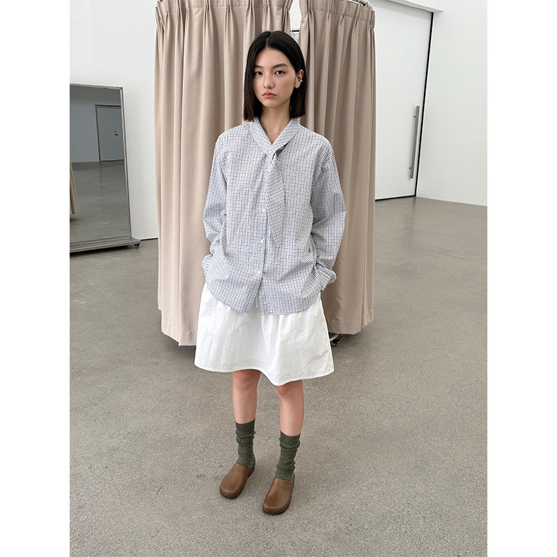 衣夫 miu蓝长袖系带衬衫2025秋季新款格子设计感通勤休闲上衣5393