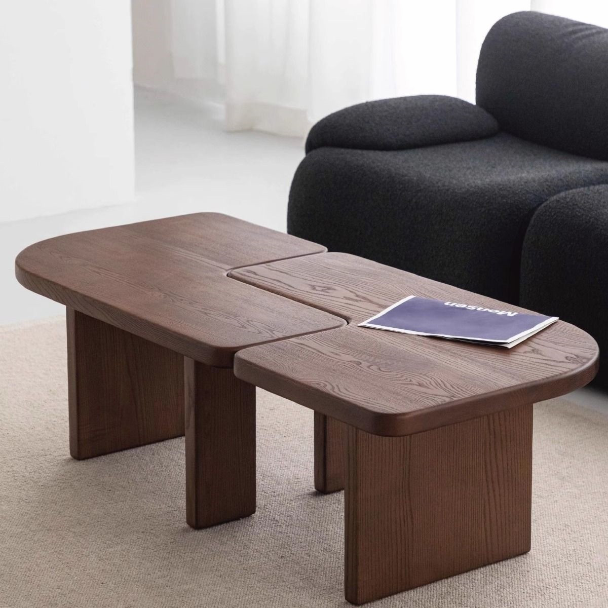 Irregular L-shaped coffee table for living room, butterfly design, black, Wabi-sabi style, solid wood combination coffee table