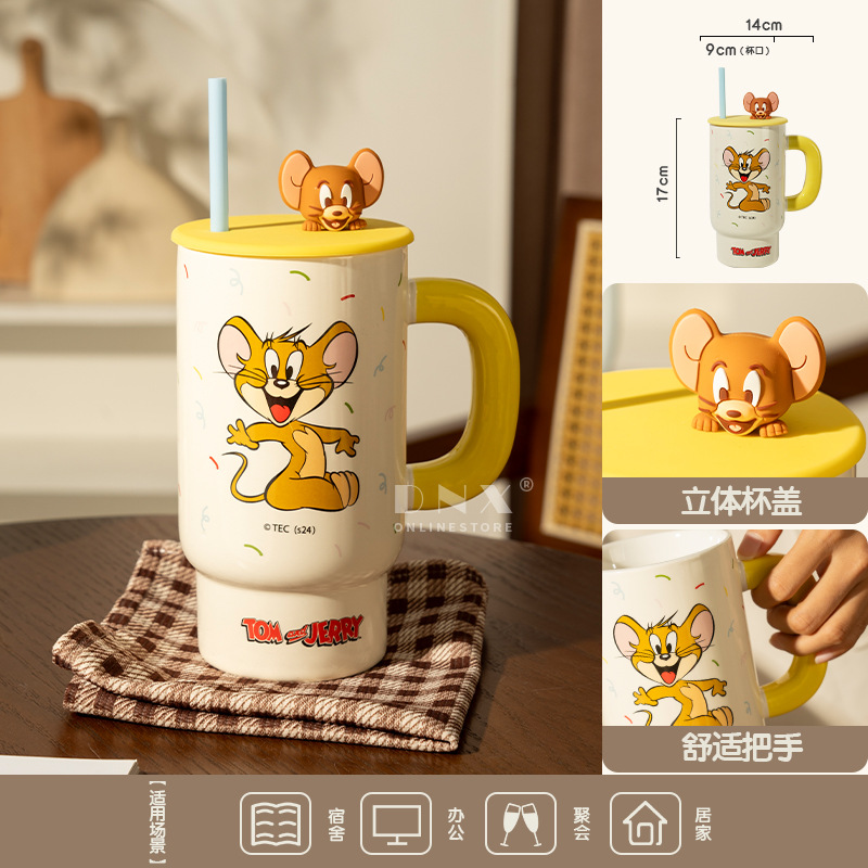 Gatos y ratones de gran capacidad con tazas de tapa copas de paja tazas de cerámica tazas de café caseras regalos para mujeres