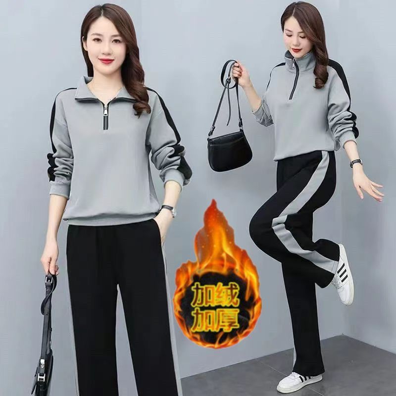 Autumn and Winter Casual Sportswear Suit for Women 2025 New Fashion Contrasting Color Foreign Style Age-Reducing High-End Sweatshirt Two-Piece Set