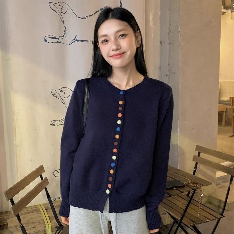彩色纽扣圆领针织开衫女安可拉红宽松叠穿长袖春秋小香风毛衣外套|undefined
