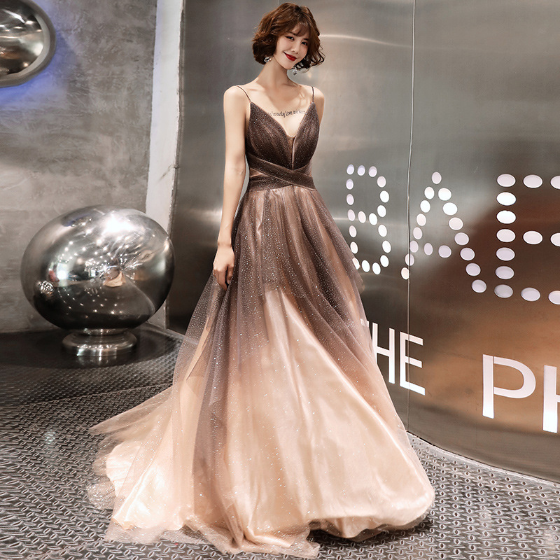 Vestido de noche para mujer 2025, nuevo vestido largo elegante con tirantes y diseño sin espalda para anfitriona de banquete