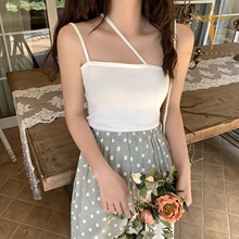 Solid color slanted shoulder knitted suspender��ɫб�����Ů