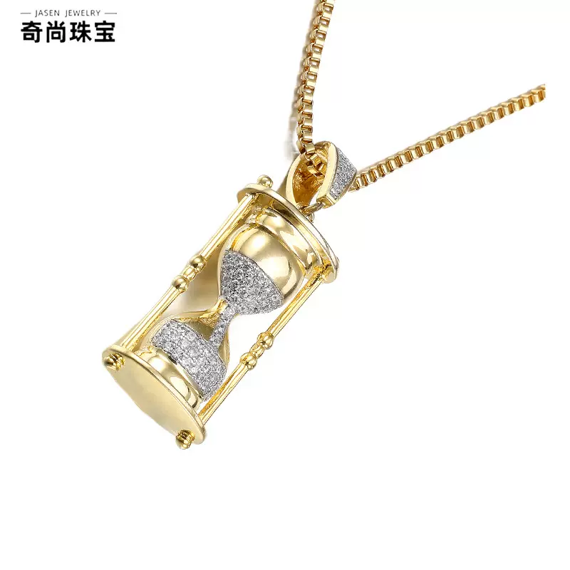 欧美跨境沙漏吊坠嘻哈项链金色微镶锆石个性时尚潮流饰品男女项饰