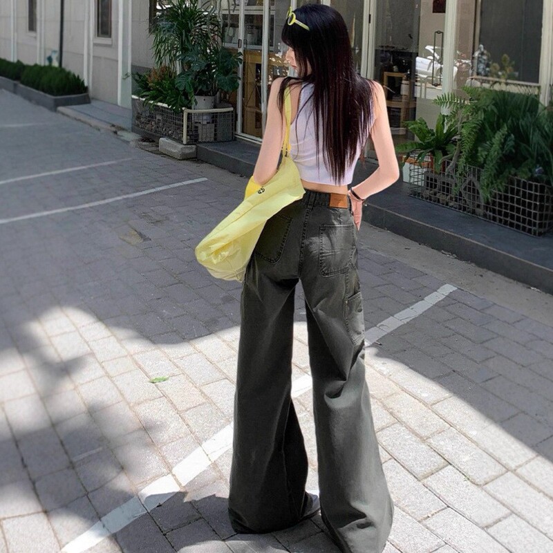美式复古工装裤女秋季2025新款军绿色小个子休闲宽松阔腿牛仔裤潮|undefined