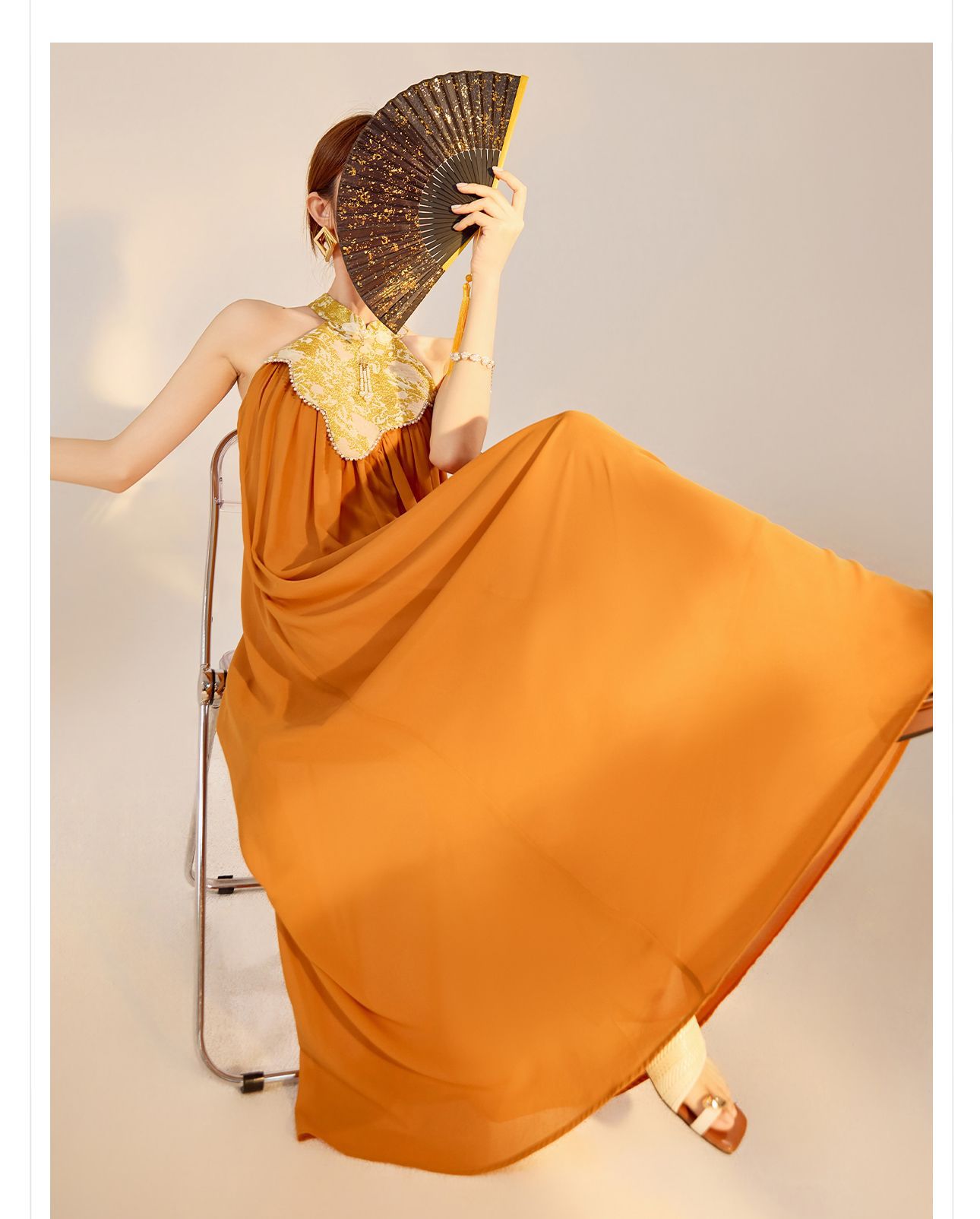 Váy dài cổ qipao thiết kế sang trọng mùa xuân hè — Màu cam, Màu mơ chi tiết 6