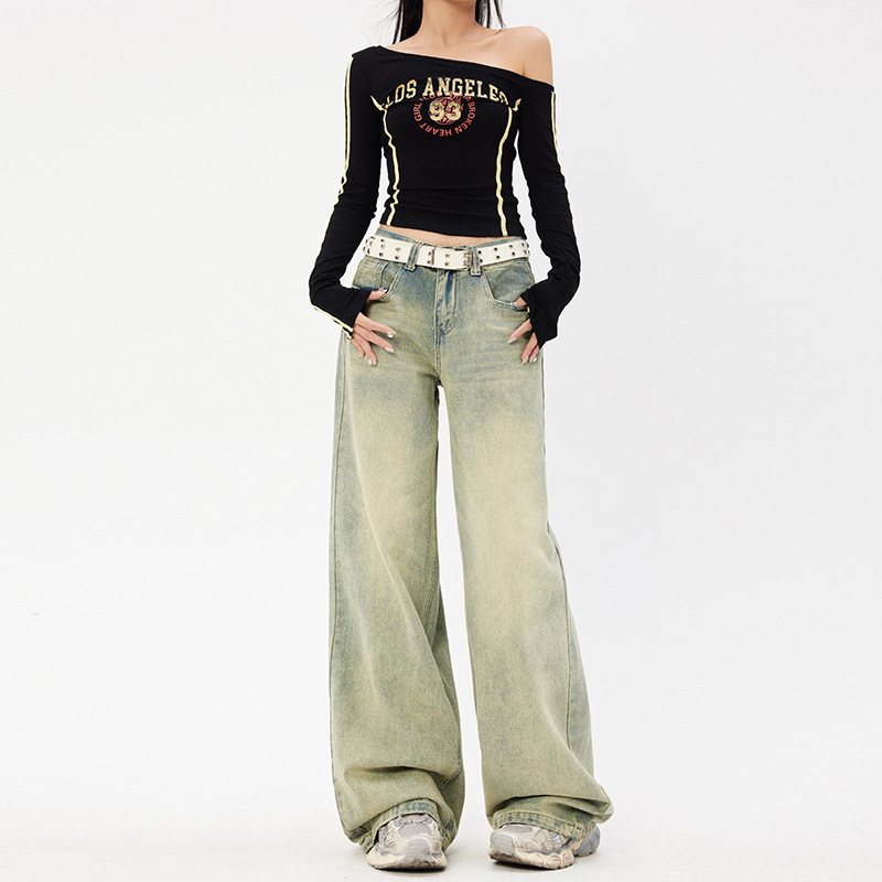 Orange Silk Women's Wear# American Style Retro Square Pocket Nostalgic Wide Leg Jeans Hot Girl Low Waist Straight Pants