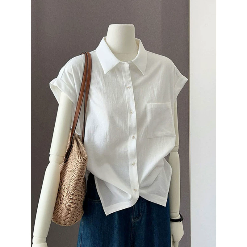 YS8 стиль рабочей одежды в стиле нормкор, белая рубашка с короткими летучими рукавами, женская летняя новинка 2025, кардиган-топ