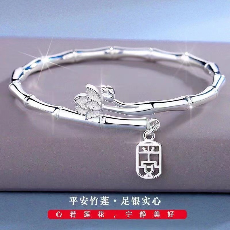 9999新型平安竹節蓮花銀ブレスレット女性新型ファッションブレスレット個性アクセサリー工場卸売り直売|undefined