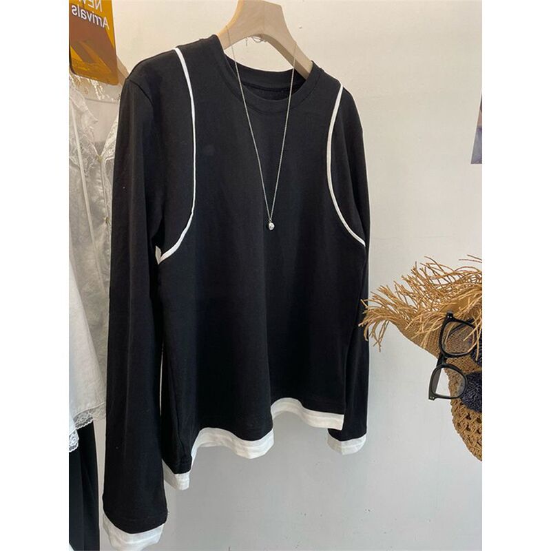 Korean Fashion Shoulder Contrast Color Line Design Sense All-match T-shirt Women's Base Shirt Autumn Loose Slim Top