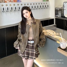 复古咖色皮衣套装女宽松显瘦港风外套高腰百褶裙两件套休闲百搭