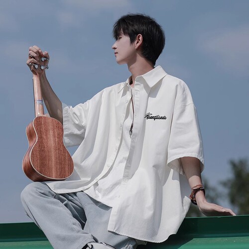 Men's Loose Fit Casual Short Sleeve Letter Print Streetwear Shirt - Summer New Trendy Hong Style