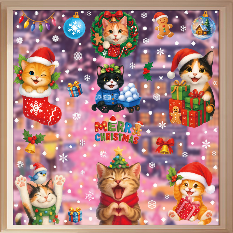 Amazon クリスマスステッカークリエイティブ子猫静電ステッカークリスマスパーティー用品スノーフレークベルガラスステッカー|undefined