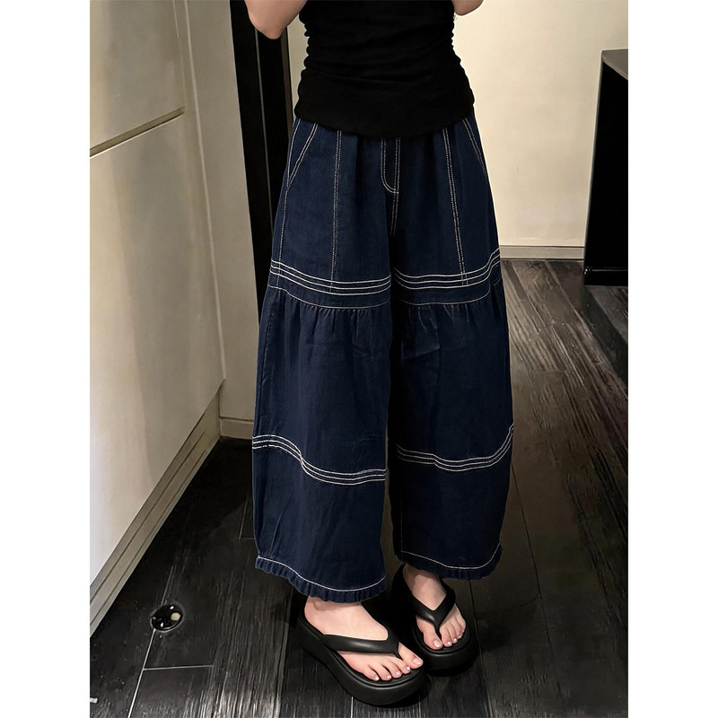 American retro distressed contrast-stitch denim jeans for women, summer loose straight high-waisted slimming versatile casual wide-leg pants