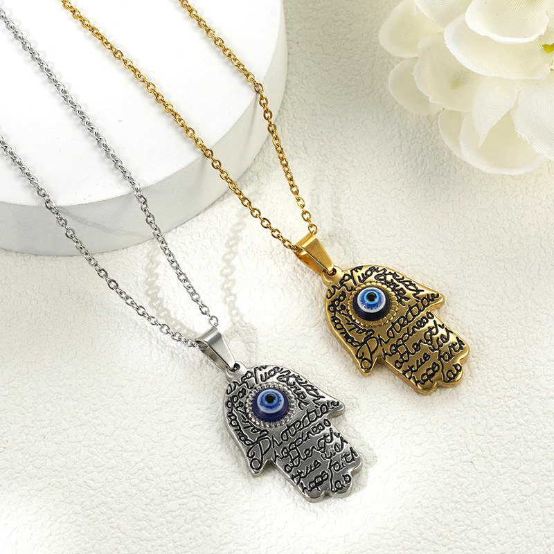Cross-border religious stainless steel Fatima hand necklace non-fading titanium steel blue eyes Devil eye necklace pendant