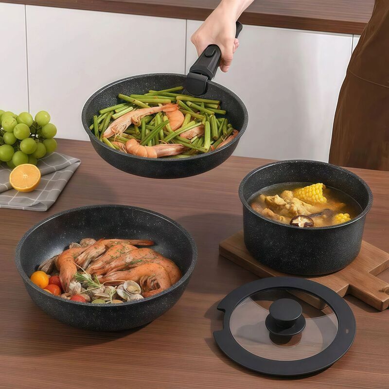 Maifan Stone Stackable Pot Set with Detachable Handles, Complete Set of Household Non-Stick Pots, Frying Pan, Flat-Bottomed Skillet Maifan Stone Stackable Pot Set with Detachable Handles, Complete Set of Household Non-Stick Pots, Frying Pan, Flat-Bottomed Skillet